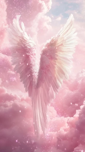 Angel wings above a pink cloudy heaven with sparkles.
