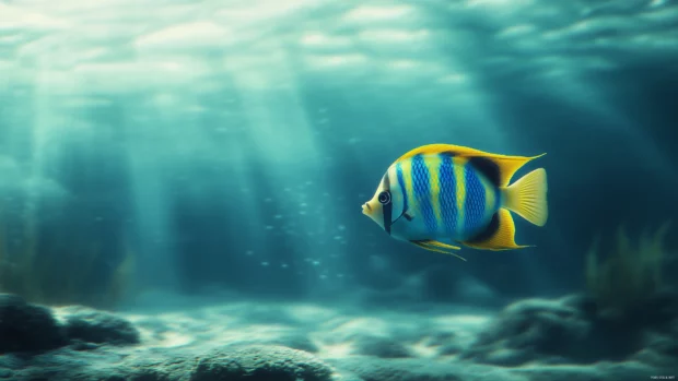 Angelfish radiant blue and yellow tones swimming solo tranquil ocean environment soft sunlight filtering water.