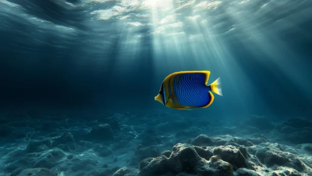 Angelfish radiant blue yellow, swimming solo, tranquil ocean, soft sunlight filtering.