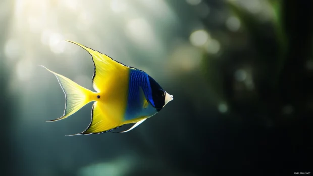 Angelfish with radiant blue and yellow tones swimming solo in a tranquil ocean environment, with soft sunlight filtering through the water.