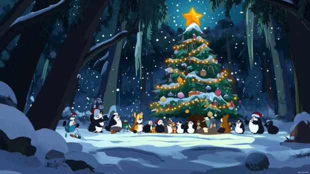 Animals decorating a giant Christmas tree in a snowy forest, festive decorations and lights.