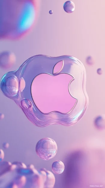 Animated Apple logo floating among abstract bubbles.