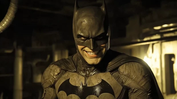 Animated Batman smiling subtly in the Batcave.