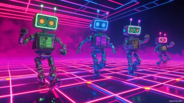 Animated Moving Cartoons wallpaper with quirky robots dancing on a neon grid.