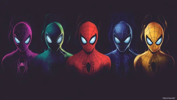 Animated Spiderman cartoon wallpaper for desktop showing multiple Spider verse variants.