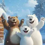 Animated cartoon bears waving and playing in a winter wonderland.