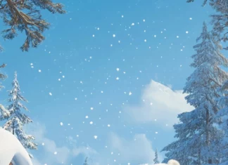 Animated cartoon bears waving and playing in a winter wonderland.
