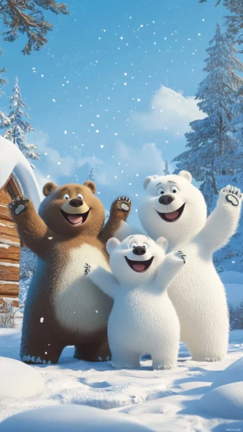 Animated cartoon bears waving and playing in a winter wonderland.