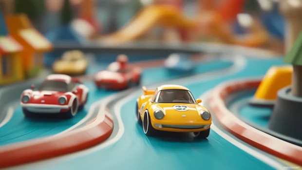 Animated cartoon cars zoom across a toy racetrack with excitement.