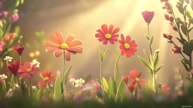 Animated cartoon flowers opening and closing under soft sunlight.