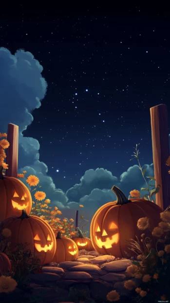Animated cartoon pumpkins glowing softly under the night sky.