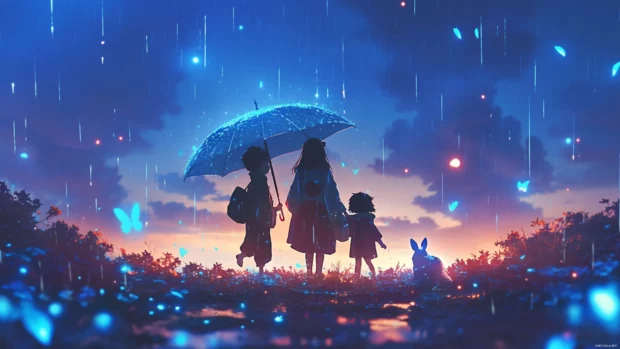 Animated cartoon wallpaper 4K for PC of iconic trio walking through glowing rain.
