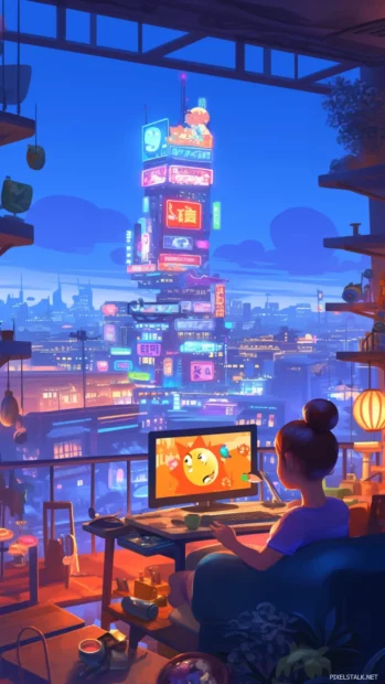 Animated cartoon wallpapers glowing with neon signs and playful expressions.