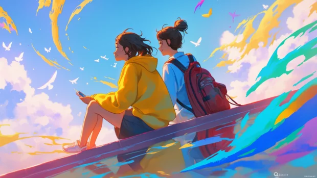 Animated cartoon wallpapers with iconic duo friendships on surreal backdrops.