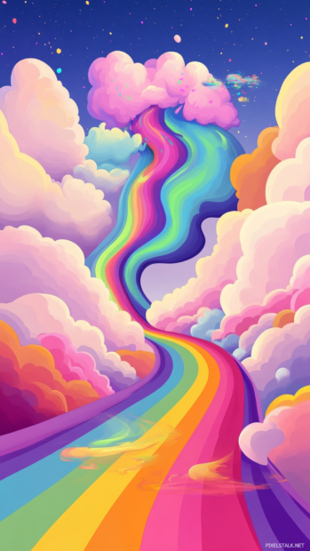 Animated clouds pouring paint over rainbow highways in a cartoon trippy concept for phones.