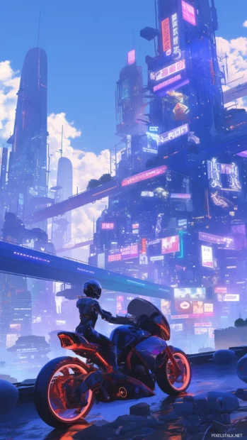 Animated cool cartoon wallpapers with futuristic bikes and glowing cityscapes.