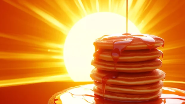 Animated pancake stack with syrup drizzle.
