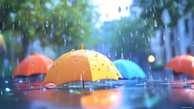 Animated raindrops fall and bounce off cute cartoon umbrellas.