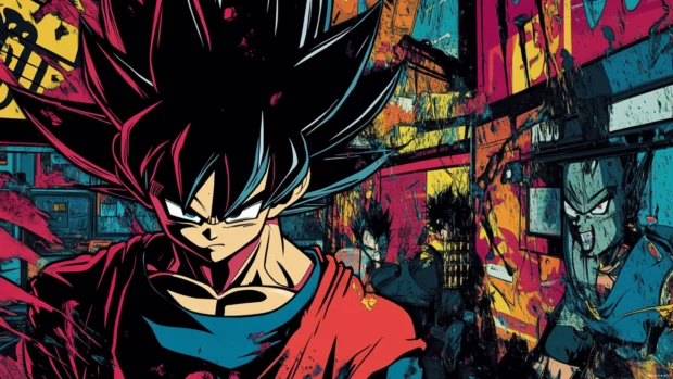 Animated style Goku and Vegeta Wallpaper with comic panel effects and bold color accents.