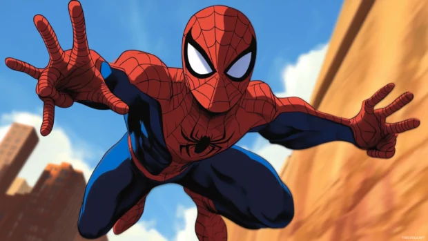 Animated style Spider Man in his iconic red and blue suit in action.