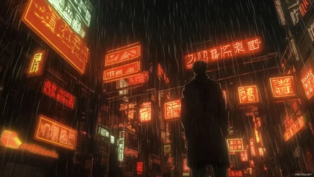 Anime Ghostwalker standing beneath rain soaked signs in a glowing anime cyberpunk cityscape.