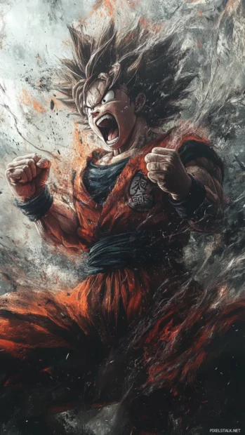 Anime Goku Wallpapers where Goku clenches his fists and roars during a power up sequence.
