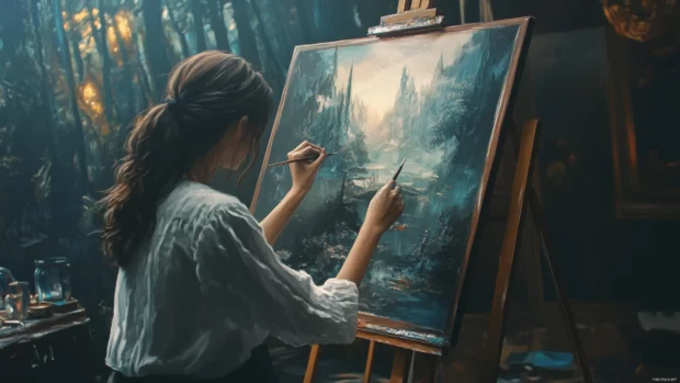 Anime artist painting in a dream world.