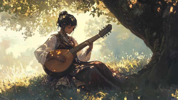 Anime bard playing lute under tree.