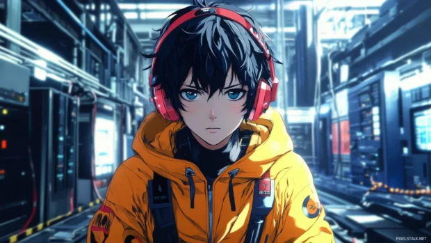Anime boy PC wallpaper showcasing cyberpunk atmosphere with vivid colors.