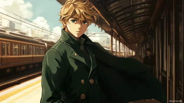 Anime boy at train platform with wind catching coat.