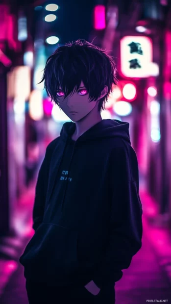 Anime boy black hoodie, neon alley glow, piercing eyes, vibrant city background.