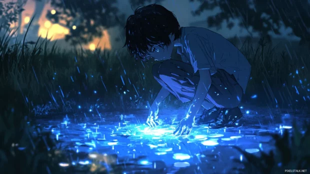 Anime boy crouching near glowing puddle after rain.