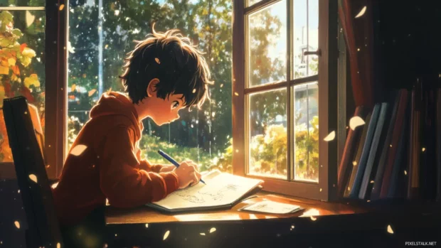 Anime boy drawing in notebook beside open window.