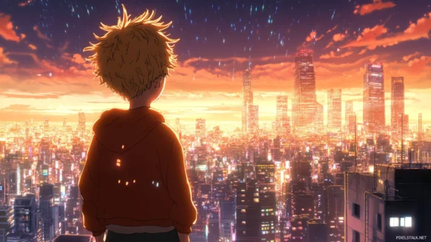 Anime boy facing away near glistening city skyline.