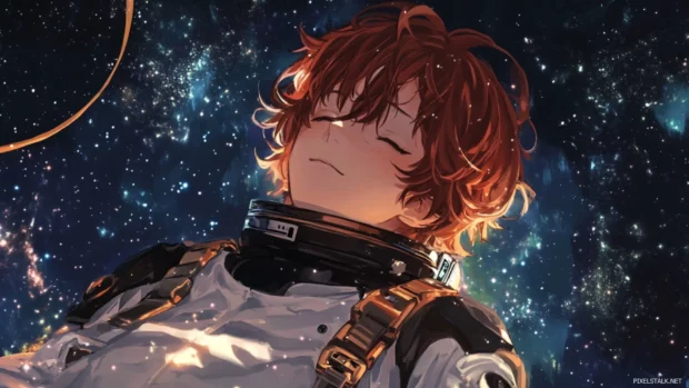 Anime boy floating in space with starlight and calm face.