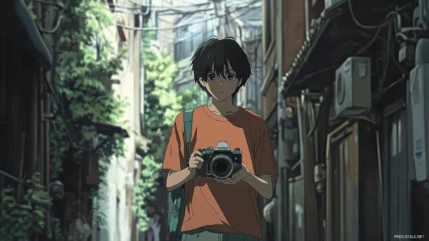 Anime boy holding camera walking down urban alley.