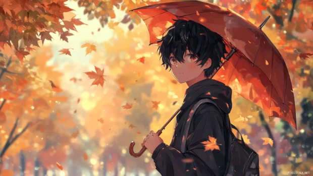 Anime boy holding umbrella with autumn leaves for desktop wallpaper HD.