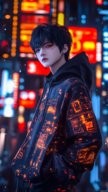 Anime boy in futuristic hoodie, cyberpunk cityscape, holograms, glowing ads.