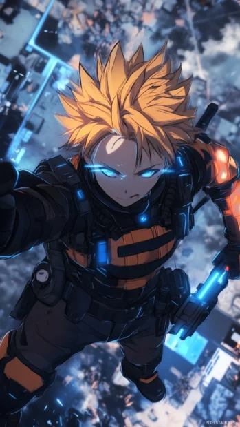 Anime boy in glowing blue armored suit, heroic stance on sci fi battlefield.