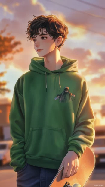 Anime boy in green hoodie with skateboard, warm sunset light on face.