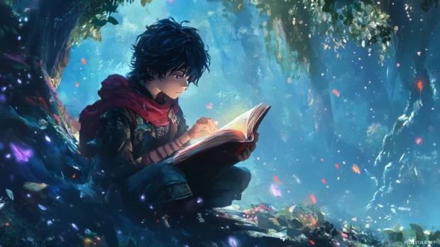 Anime boy in magical forest atmosphere designed for laptop wallpaper HD.