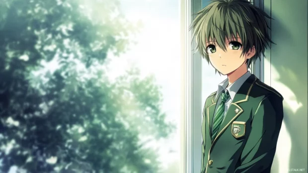 Anime boy in school uniform standing by window, perfect for PC wallpaper HD.