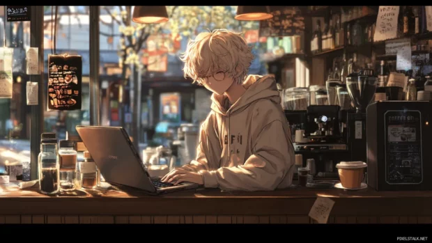 Anime boy laptop wallpaper HD with coffee shop vibes and warm light.