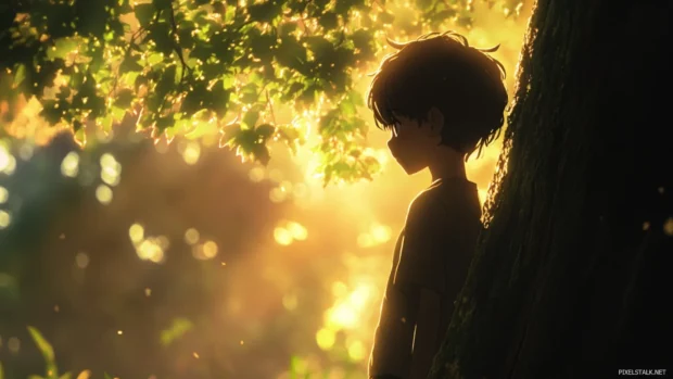 Anime boy leaning against tree with dappled light.