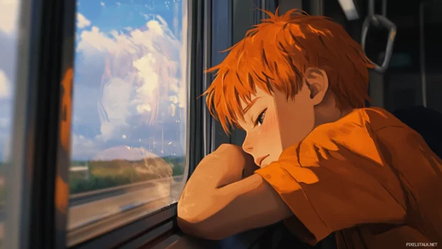 Anime boy leaning on train window with quiet reflection.