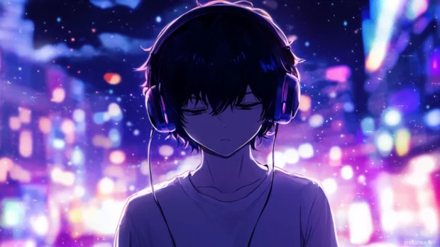Anime boy on balcony with headphones under neon sky.