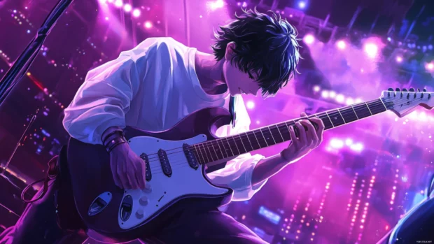 Anime boy playing electric guitar on stage, perfect for desktop anime boy wallpaper.