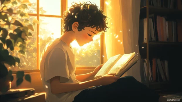 Anime boy reading a book near sunlit window.
