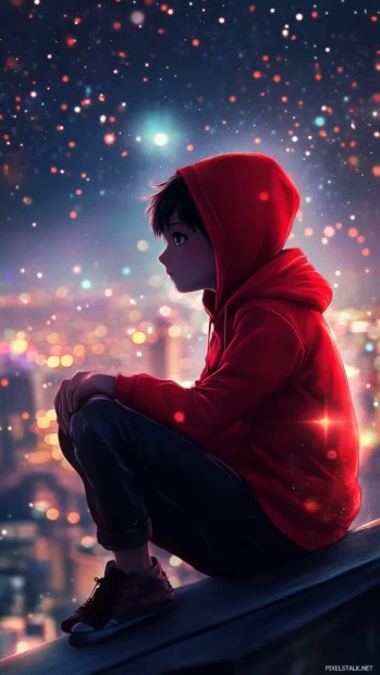 Anime boy red hoodie rooftop, starry sky, city lights shimmering.