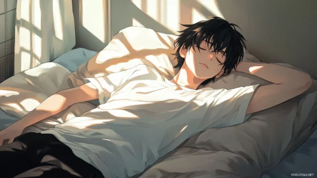Anime boy relaxing in bedroom scene for 4K computer wallpaper.